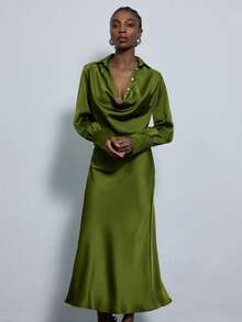 Aveloria Modichic 橄榄绿缎面质感两件套，深V领灯笼袖上衣搭配褶皱腰身鱼尾裙 - 綠色 - 查看 5