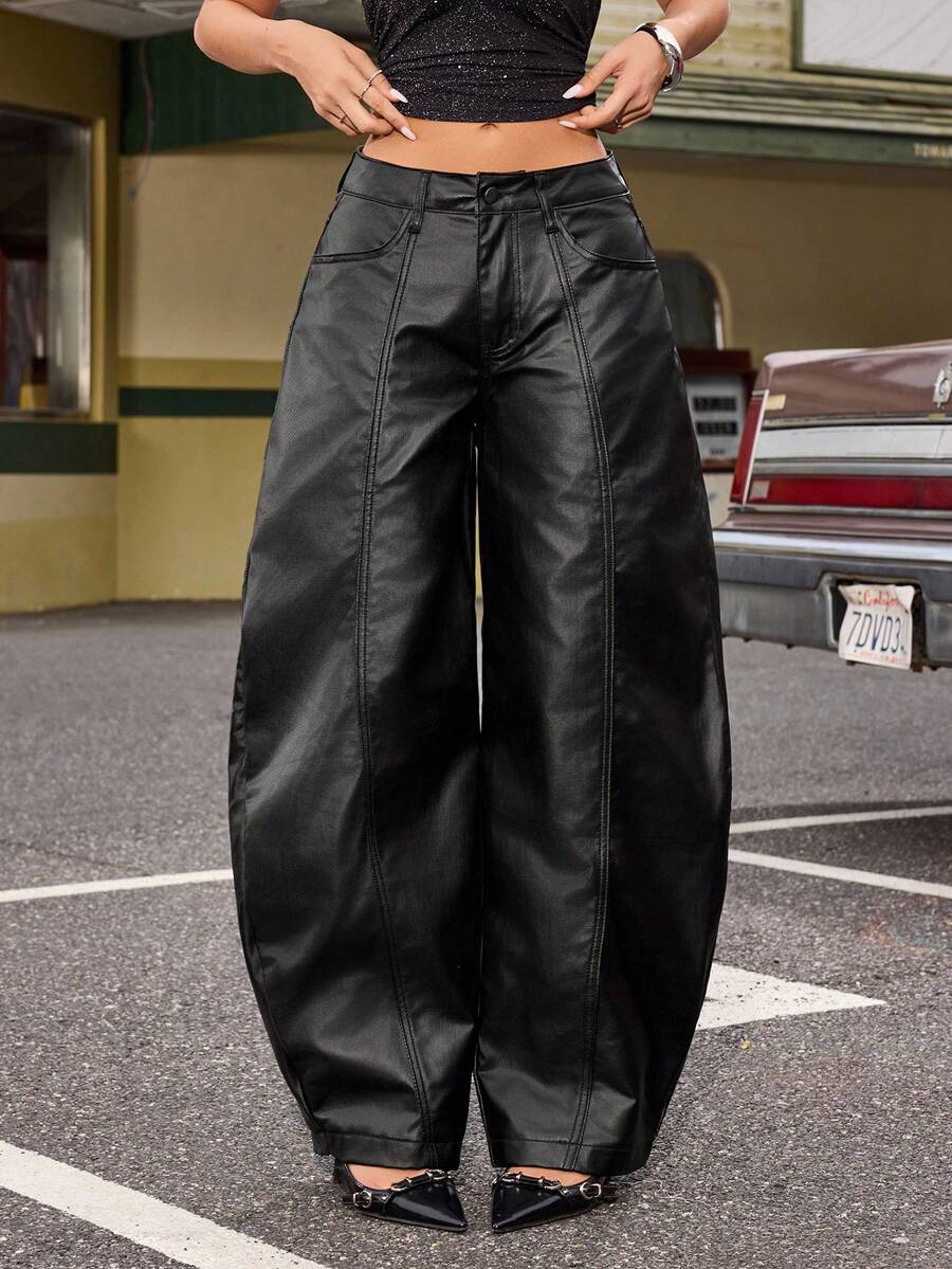 Jeanoix Y2K Retro Casual Versatile Curved Knife Faux Leather Coated Wide Leg Pants - Black - View 1