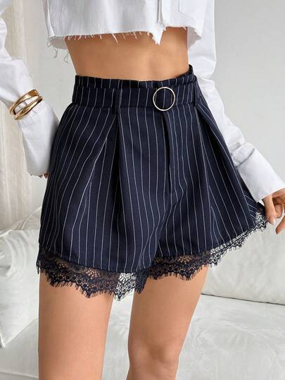 Siren Gaze Women's Summer Fashion Commuter Striped Lace Patchwork Shorts