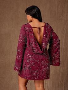 Rustia 时尚亮片露背喇叭袖短款连衣裙（女款） - 酒紅色 - 查看 2