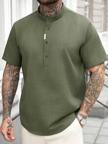 Manfinity CasualCool Men's Henley Shirts/Men's Buttoned Shirts/Stylish Men's Olive Green Mandarin Collar Shirt Quarter Button Placket Short Sleeve For Summer/Green Henley Button-Down Shirt, /Military Green Henley Collar Texture Short-Sleeved Shirt - Green - View 6