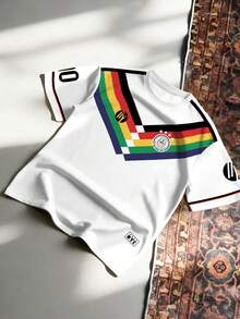 Manfinity Campus Court 彩虹条纹撞色，街头时尚品牌 Jersey New York 10 号，宽松休闲运动男士 T 恤 - 白色 - 查看 4