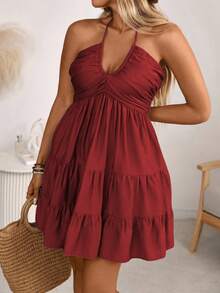 EMERY ROSE 大码女式春夏单竹结亚麻度假沙滩连衣裙，胸部褶皱层叠飘逸连衣裙，配有可调节挂脖蝴蝶结后背。