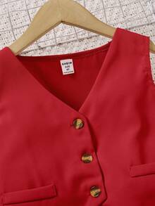 SHEIN Elladie kids 三件套少女春秋季派对套装，包含无袖背心、阔腿裤和长袖高领上衣，时尚休闲装，粉色无袖纽扣背心+舒适针织高领上衣+阔腿裤，欧美风少女服装套装 - 紅色 - 查看 6