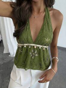 Aloruh Women's Sexy Sequin Backless Camisole Top, Shell & Starfish Woven Strap Decor Top Suitable For Beach, Tropical Vacation, Club Party, Festivals, An Ideal Choice For Women's Beach Vacation, Boho, Tropical Holiday Occasions. This Cute Top Is Simple And Fashionable, Suitable For Business Casual, Commuting, Office Wear, Showcasing Elegant Elegant, Suitable For Outings, School And Various Occasions. - Pink - View 7