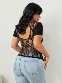 Auralis 女士蕾丝拼接露背T恤，夏季美式褶皱修身短袖T恤，加大码情人节/新款夏季短袖露背蕾丝镂空上衣/黑色Y2K风格，适合酒吧、卡拉OK/音乐节等场合/性感 - 黑色 - 查看 3