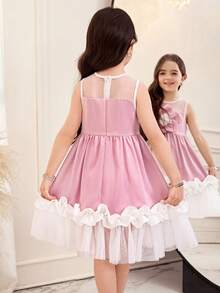 SHEIN Young Girl Floral 3D Mesh Patchwork Princess Dress - Pink - View 5