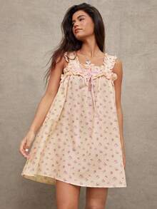 WESTFADE Beige Summer Fairycore Picnic Ruffle Square Neck Bow Front Floral Print Babydoll Mini Dress,Sleeveless Keyhole Back Cut Out Boho Casual Beach Vacation - Multicolor - View 1