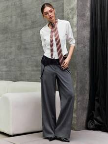 INAWLY Women's Casual Commuter Striped Contrast Lace Straight Pants - Grey - View 6
