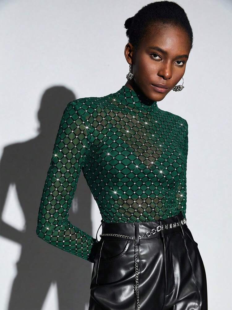 SHEIN Maija 2026 Spring & Summer Women's Sheer Mesh Black Bodysuit With Crystal Details, Elegant Office/Casual Wear, Suitable For Urban Commute, Business, Summer, Valentine's Day  St Patrick's Day Women Easter Summer Outfits Easter Dress Women Party Top Beach Dress Summer Holiday Outfits Each Vacation Outfits For Women  Summer Outfit For Women Going Out Outfits Graduation Graduation Outfit  Casual Dresses  Casual Blouses For Women
