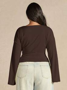 SHEIN BAE Plus Size Women's Apricot V-Neck Bell Sleeve Knit Top - Coffee Brown - View 5