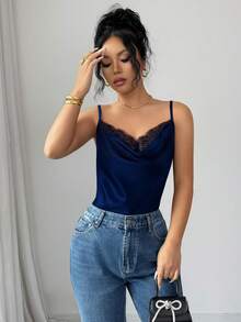 Rafferiza Women's Elegant Lace Satin Camisole In Black - Royal Blue - View 4