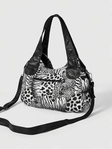 ROMWE Grunge Punk 时尚豹纹女包 休闲朋克风辣妹包 女士单肩包 复古火车头女包 - 黑與白 - 查看 4