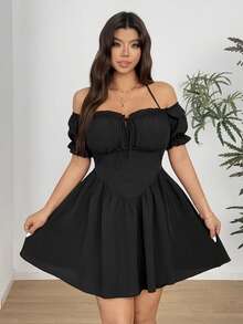 Vionelle Plus Size Women Solid Color Frill Off-Shoulder Front Tie Neck Dress, Vacation - Black - View 6