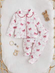 SHEIN Babygirl Cute Knitted Bow Long Sleeve Pajama Set, Casual Sleepwear