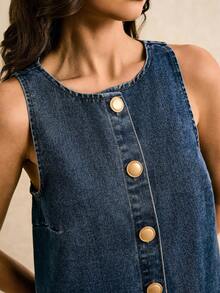 Poéselle 女士休闲前扣无袖牛仔连衣裙，夏季 - 淺色水洗藍 - 查看 6