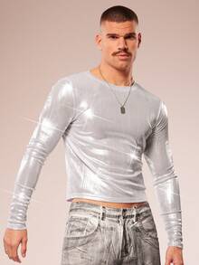 FeverCity 男士圆领长袖金属色短款T恤 - 彩色 - 查看 6