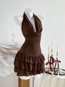 SHEIN Unity Deep Draped Neck Backless Mini Dress, Party Wear - Brown - View 4