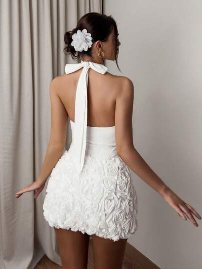 Firerie 女士优雅精致浪漫端庄露背白色迷你连衣裙，吊带露背设计，适合舞会、节日、派对、情人节约会、婚礼、出席宾客、度假、生日等场合。