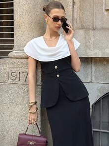 Siren Gaze 女士优雅通勤摆领纽扣装饰连衣裙，夏季 - 黑與白 - 查看 9