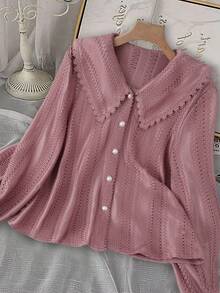 Franclia 新款时尚蕾丝甜美优雅彼得潘领女士长袖衬衫 - 粉色 - 查看 6