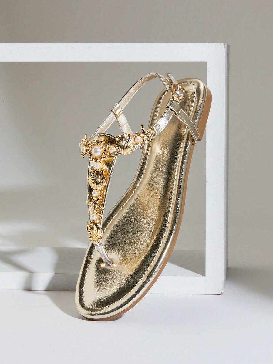 SHUZIA Women's Comfortable, Seastar Decor Strap Flat Sandals Summer Shoes - Gold - View 1