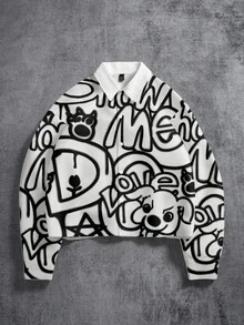 Manfinity ZONE917 宽松街头风黑色涂鸦“SHOW ME”趣味狗狗印花短袖衬衫，版型宽松，适合约会和聚会，也是送给男朋友的绝佳礼物。 - 白色 - 查看 1