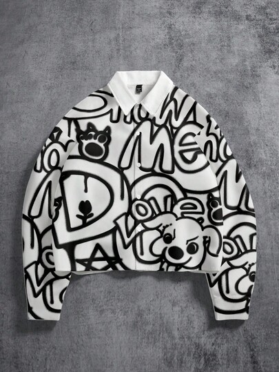 Manfinity ZONE917 Boxy Cropped Street Style Loose Black Graffiti "SHOW ME" Funny Dog All-Over Print Short Long Sleeve Shirt, Oversized Fit, Essential For Dates And Gatherings, Great Gift For Boyfriend