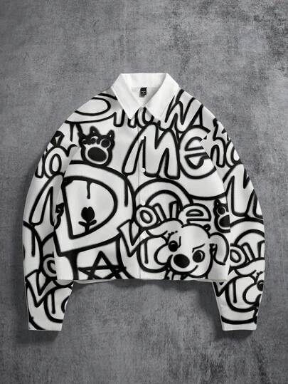 Manfinity ZONE917 宽松街头风黑色涂鸦“SHOW ME”趣味狗狗印花短袖衬衫，版型宽松，适合约会和聚会，也是送给男朋友的绝佳礼物。