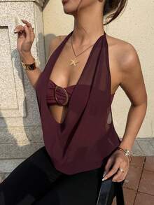 Almamuse Áo kiểu nữ thời trang, thoải mái, có chi tiết khoét lỗ, đính vòng trang trí, cổ áo xếp ly và dây buộc phía trước, chất liệu vải voan mỏng, thích hợp cho mùa hè. - Màu Đỏ Sâu - Xem 4