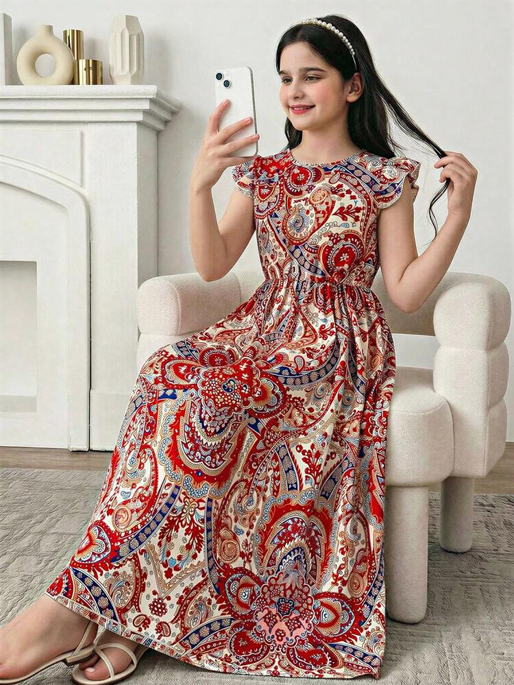 Print Pattern Cap Sleeve Empire Waist Long Dress For Tween Girls | SHEIN USA