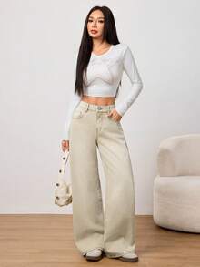 SHEIN PETITE 秋冬女款休閒度假水洗復古寬版米色水洗牛仔緊身牛仔褲，適合嬌小女性 - 米色 - 查看 8