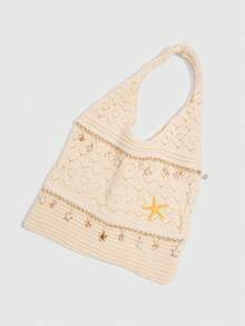 ROMWE Fairycore 1 件热带海洋沙滩度假风镂空编织米色女士单肩斜挎包，大容量旅行度假包 - 多色1 - 查看 3