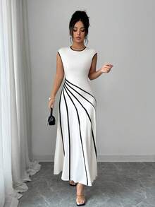 Elenzga Women's Elegant Sleeveless Dress With Contrast Piping Waist Detail, Summer - Apricot - View 6