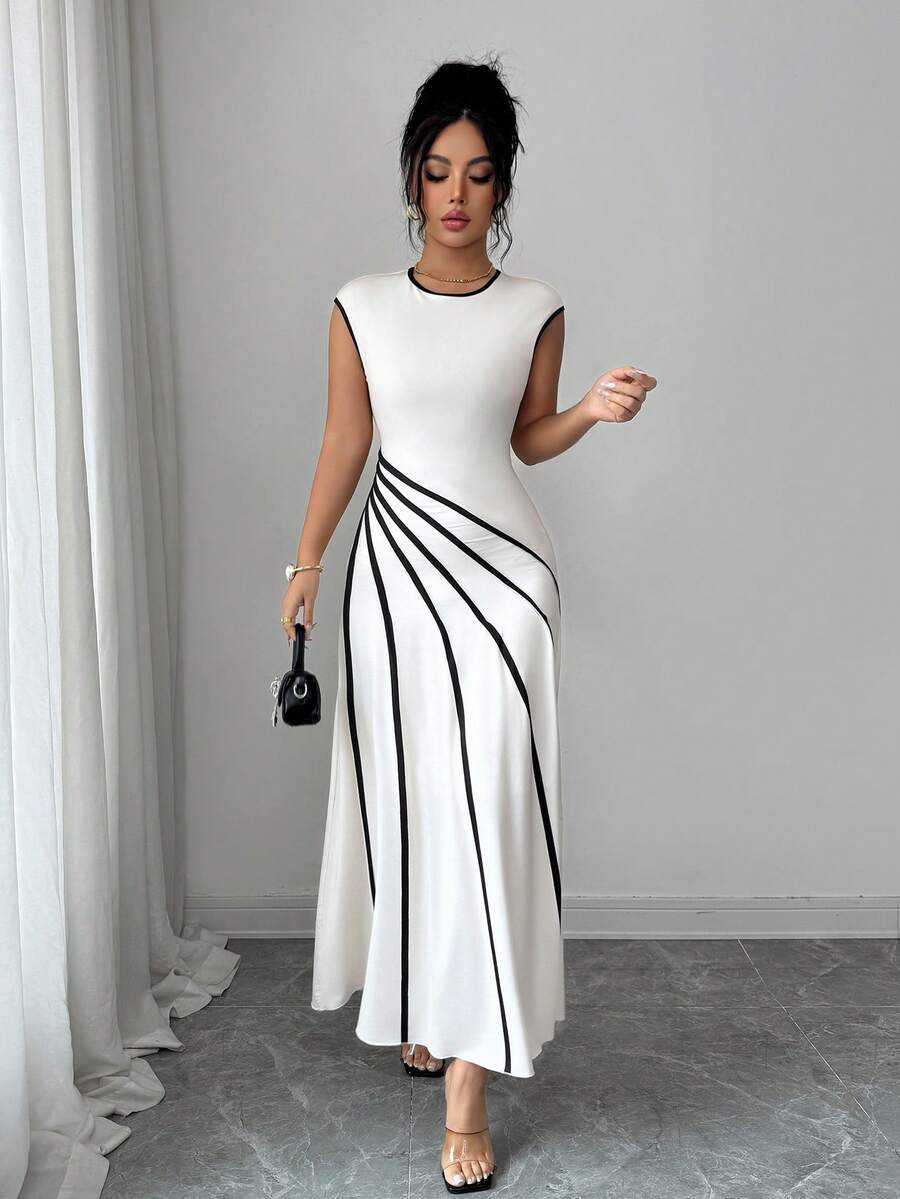 Elenzga Women's Elegant Sleeveless Dress With Contrast Piping Waist Detail, Summer - Apricot - View 1