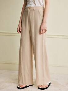 Écloséra Women's Soft Linen Blend Split Front High Waist Slimming Straight Leg Casual Pants, Khaki, Spring/Summer - Khaki - View 3