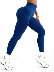 Seamluxe SHEIN Sport H1200 Marinblå sömlösa sportleggings med hög midja och elastiska ben - Marinblå - Visa 3