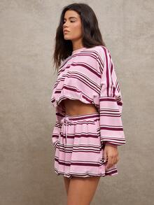 WESTFADE Áo nỉ cổ tròn dáng lửng kẻ sọc, dệt kiểu waffle, viền phồng - Nhiều màu - Xem 4