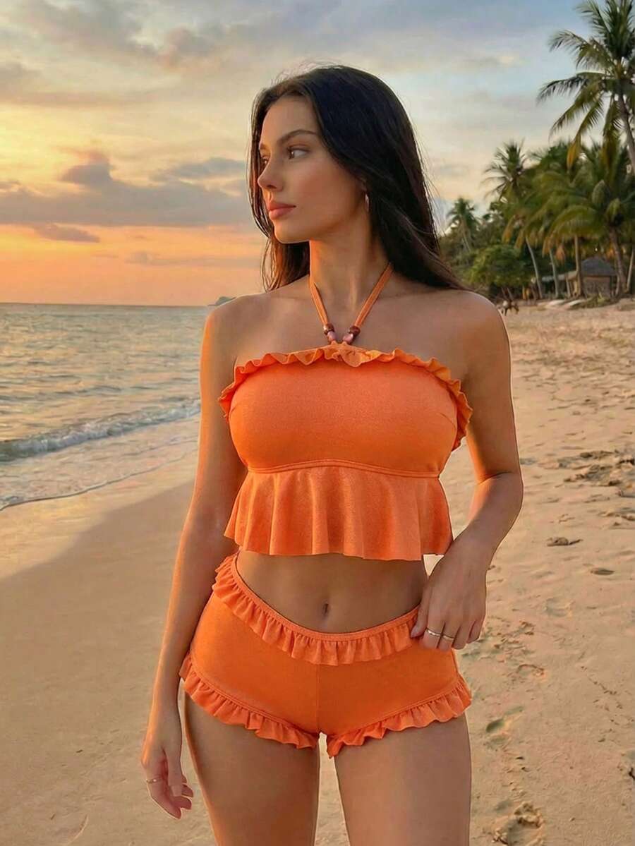 Swim Vcay Bikini hai dây cao cấp nhiều lớp xếp nếp bóng bẩy dành cho nữ, thích hợp cho kỳ nghỉ biển. - Nhiều màu - Xem 1