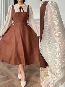 Vibekara Đầm dáng chữ A dài ngang gối, cổ đứng, viền bèo nhún, cài khuy nửa mở dành cho nữ cỡ lớn, chất liệu da lộn màu be và nâu, kiểu boho vintage, phong cách cung đình. - màu nâu - Xem 4