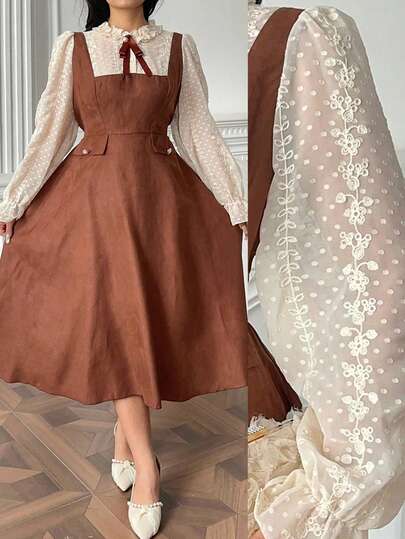 Vibekara Plus Size Women's Stand Collar Frill Trim Half-Open Placket Shirt Collar 2 In 1 Beige & Brown Suede Patchwork Boho Vintage Palace Style Casual Mid-Length A-Line Dress