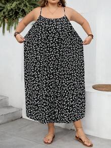 SHEIN CURVE+ 曲线款 US22 码音乐节、海滨度假、波西米亚碎花休闲度假吊带裙 曲线连衣裙 夏季吊带裙 女士 - 黑與白 - 查看 9