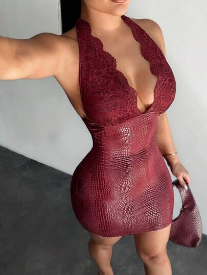 SHEIN SXY Women's Contrast Lace Deep V-Neck Bodycon Mini Dress,Vacation,Valentine's Day,Red Dress,Going Out  ,Club ,Sexy ,Casual, Cleavage Dress, Sexy Dress For Club, See Through Dress, Red Leather Dress, Red Wine Dress