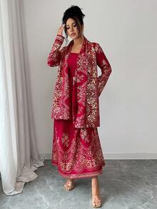 Elenzga 女士优雅时尚通勤休闲舒适迷人复古简约高端浪漫假日长袖方领收腰A字褶裥下摆围巾装饰设计烫金印花连衣裙（随机印花） - 紅色 - 查看 7