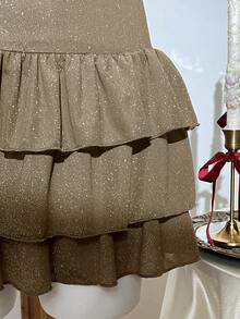 Elamini Women's Draped Neck Ruffle Hem Sexy Mini Dress For Party - Khaki - View 5