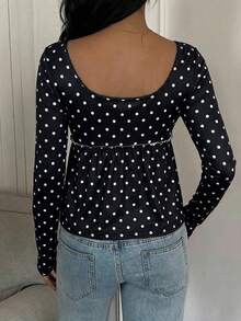 CovetEZ Women's Casual Polka Dot Ruffle Trim Square Neck Long Sleeve T-Shirt Cute Long Sleeve Top Peplum Top Women Sexy Blouse For Women Square Neck Blouse Pokadot Top - Black - View 2