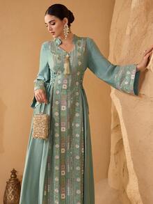 SHEIN Najma 优雅刺绣拼接侧系腰带修身阿拉伯风格连衣裙 - 薄荷綠 - 查看 7