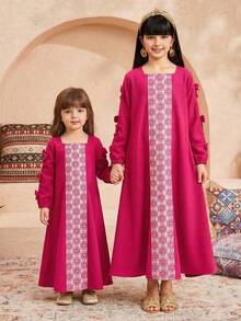 SHEIN Tween Girl Woven Solid Color Patchwork Striped Square Collar Bow Decor Long Sleeve Loose A-Line Maxi Dress, Suitable For Travel, Vacation, Countryside Style, Casual Resort, Bohemian, Matching Sister & Daughter Outfits - Blue - View 4