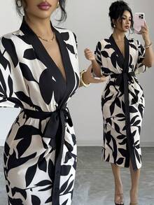 Elenzga 新款休闲优雅时尚派对度假外出植物叶子印花蝙蝠袖系带修身V领中长连衣裙，适合女士，秋夏季 - 彩色 - 查看 1