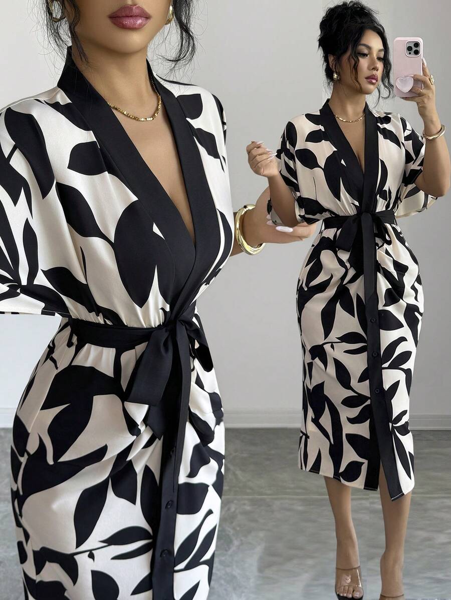 Elenzga 新款休闲优雅时尚派对度假外出植物叶子印花蝙蝠袖系带修身V领中长连衣裙，适合女士，秋夏季 - 彩色 - 查看 1